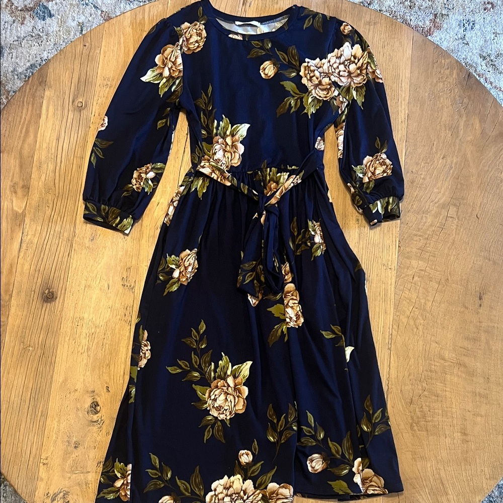 Reborn Navy and Gold Floral Long Sleeve Dress